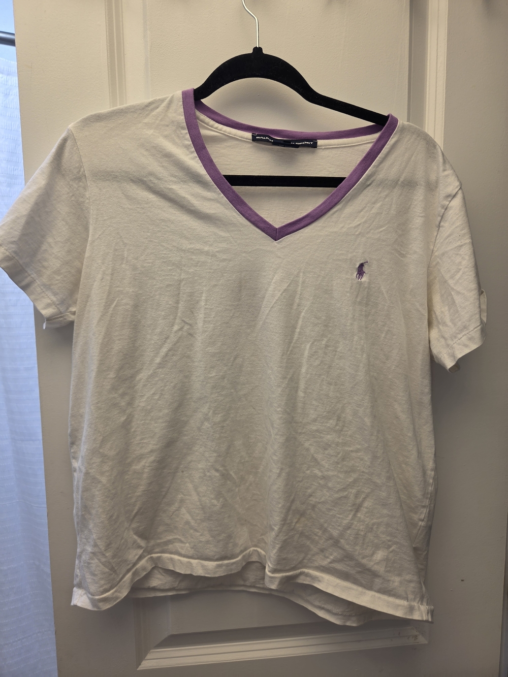 Ralph Lauren White V-Neck Tee with Lavender Trim